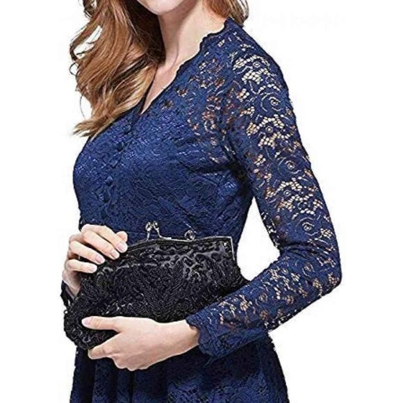 BEADED Sequin Flower Clutch Bag Blue - Picture 9 of 9